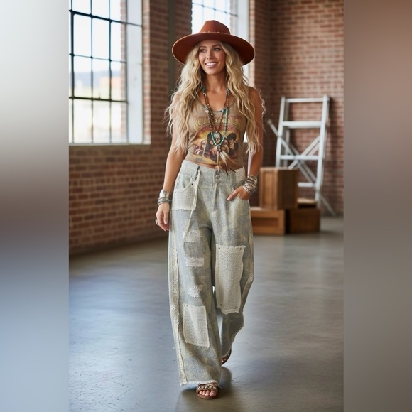 NWT POL Patchwork Boho Patch Crochet Wide Leg Camo Camouflage Pants Jeans - Picture 2 of 10